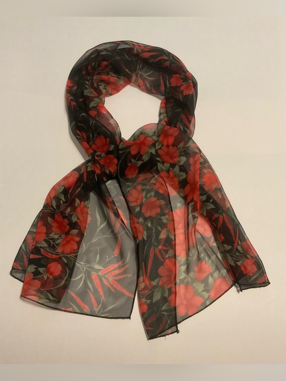 Women Black Red & Green Floral Chiffon Sheer Rectangle Scarf Wrap 60x19